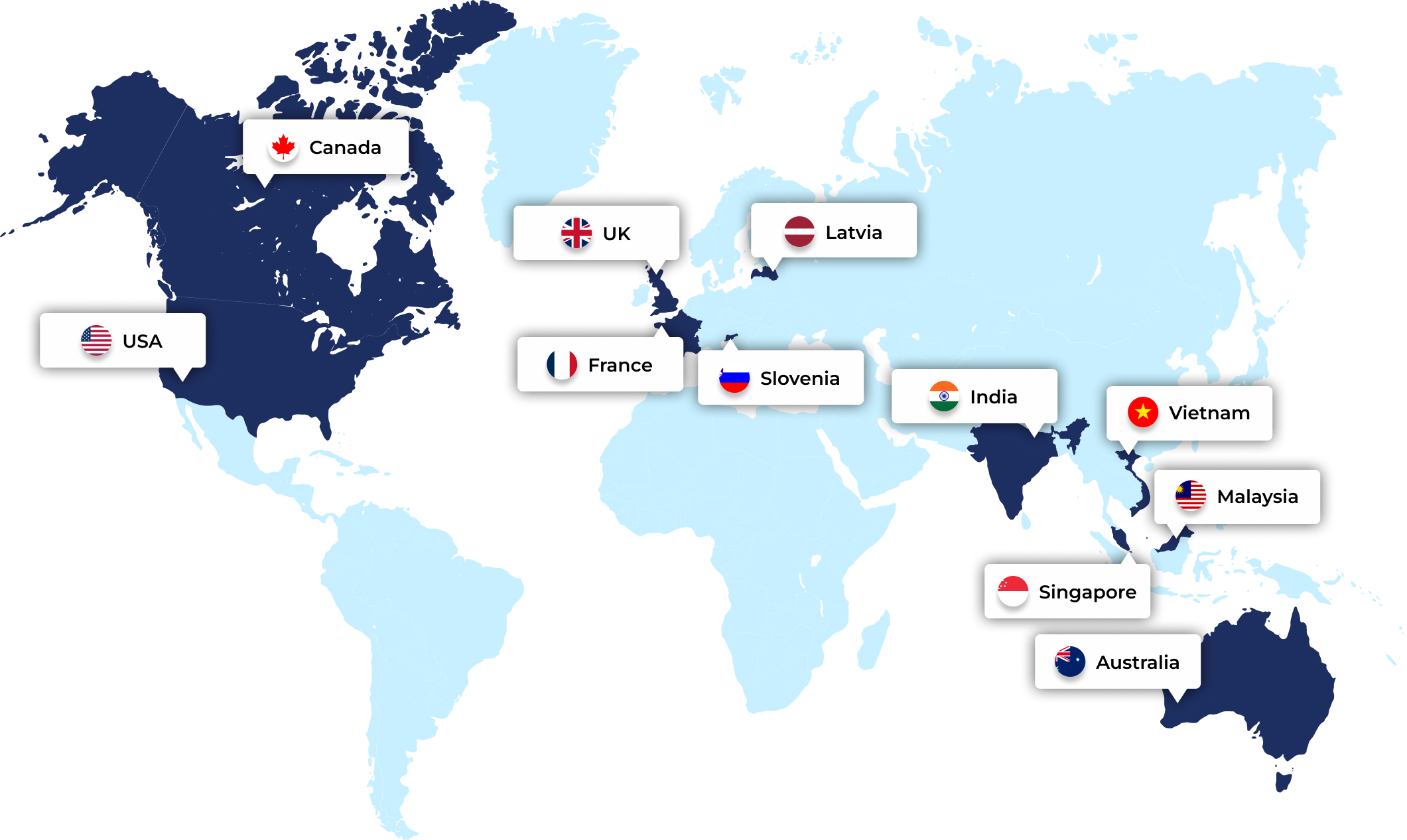 Dayone clients across USA, Canada, UK, France, Slovenia, Latvia, India, Vietnam, Malaysia, Singapore and Australia
